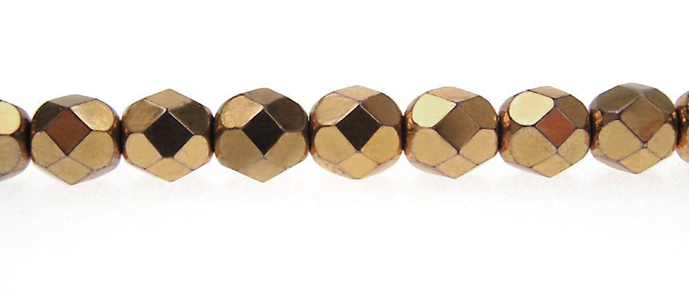 Crystal Golden (Copper), Czech Fire Polished Round Faceted Glass Beads, 16 inch strand