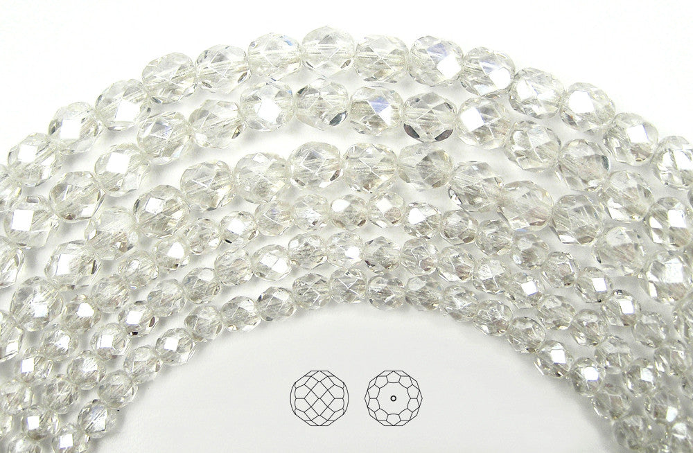 Crystal Hematite White Luster, loose Czech Fire Polished Round Faceted Glass Beads, 3mm, 4mm, 6mm, 8mm