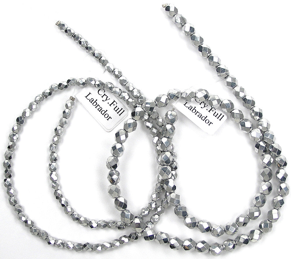 Crystal Labrador CAL Full, Czech Fire Polished Round Faceted Glass Beads, 16 inch strand or loose, full silver