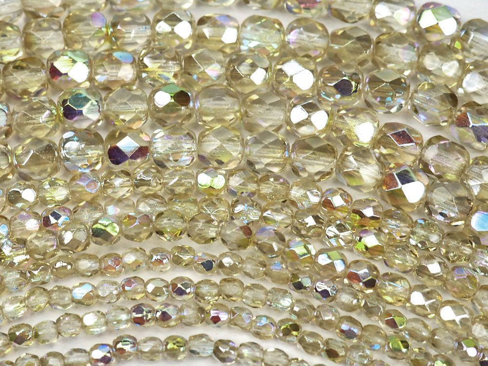 Crystal Lemon Rainbow coated, Czech Fire Polished Round Faceted Glass Beads, 3mm, 4mm, 6mm