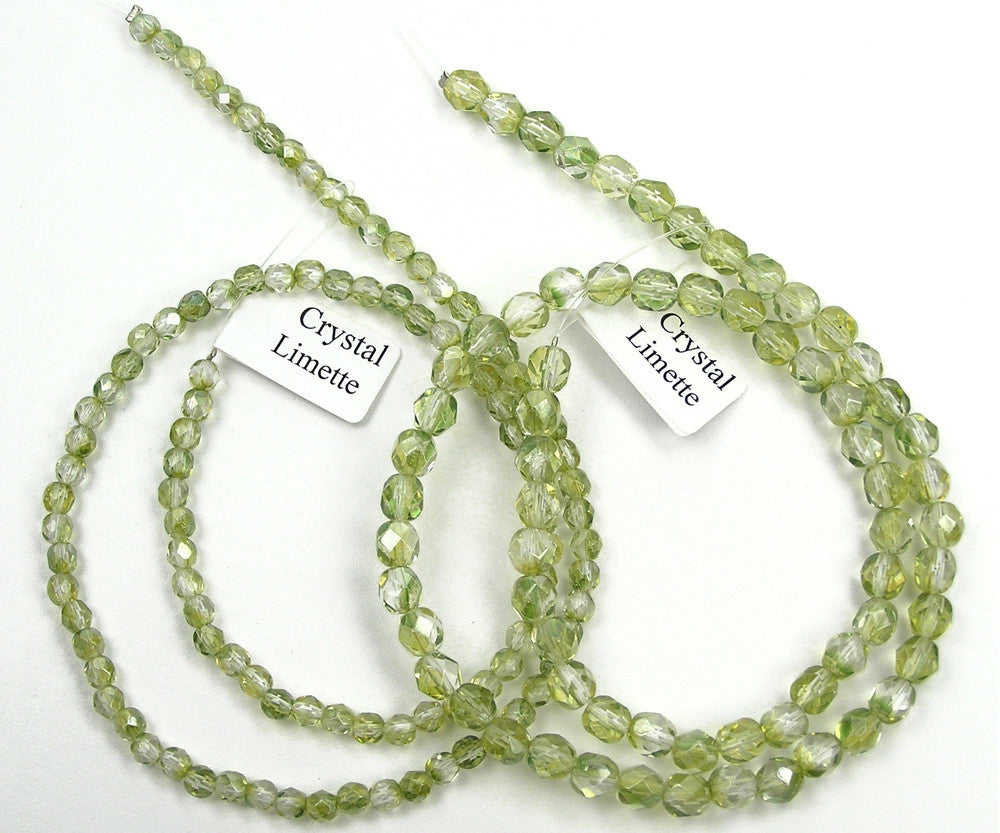Crystal Limette Luster coated, Czech Fire Polished Round Faceted Glass Beads, 16 inch strand