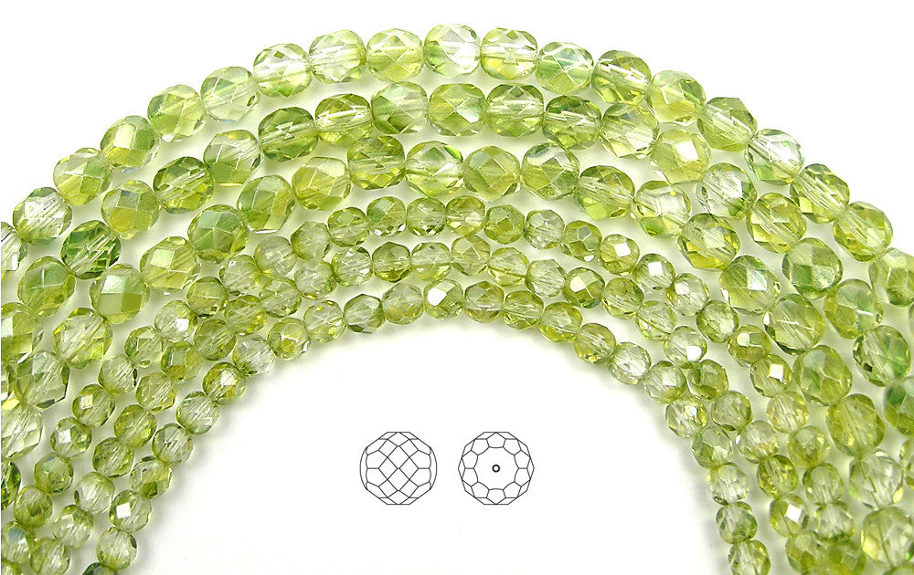 Crystal Limette Luster coated, loose Czech Fire Polished Round Faceted Glass Beads