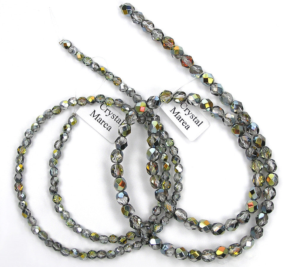 Crystal Marea coated, Czech Fire Polished Round Faceted Glass Beads, 16 inch strand