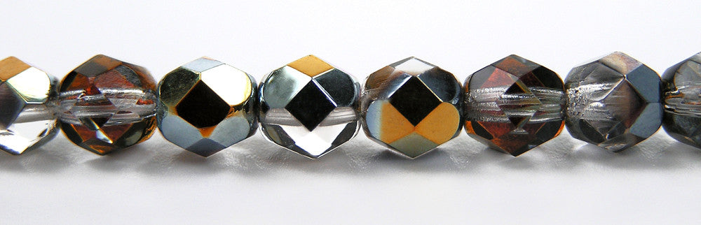 Crystal Marea coated, Czech Fire Polished Round Faceted Glass Beads, 16 inch strand