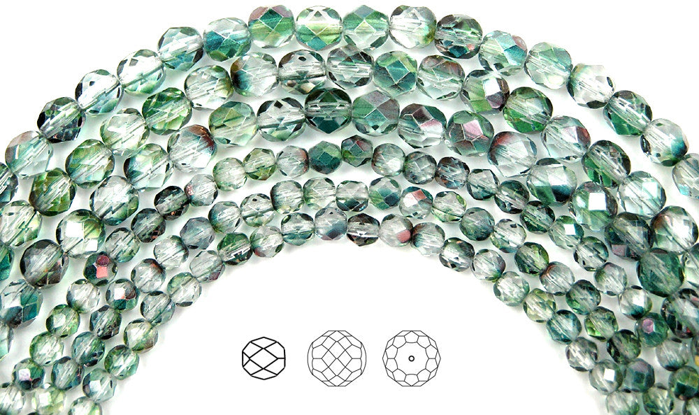 Crystal Mint Shimmer Luster coated, loose Czech Fire Polished Round Faceted Glass Beads
