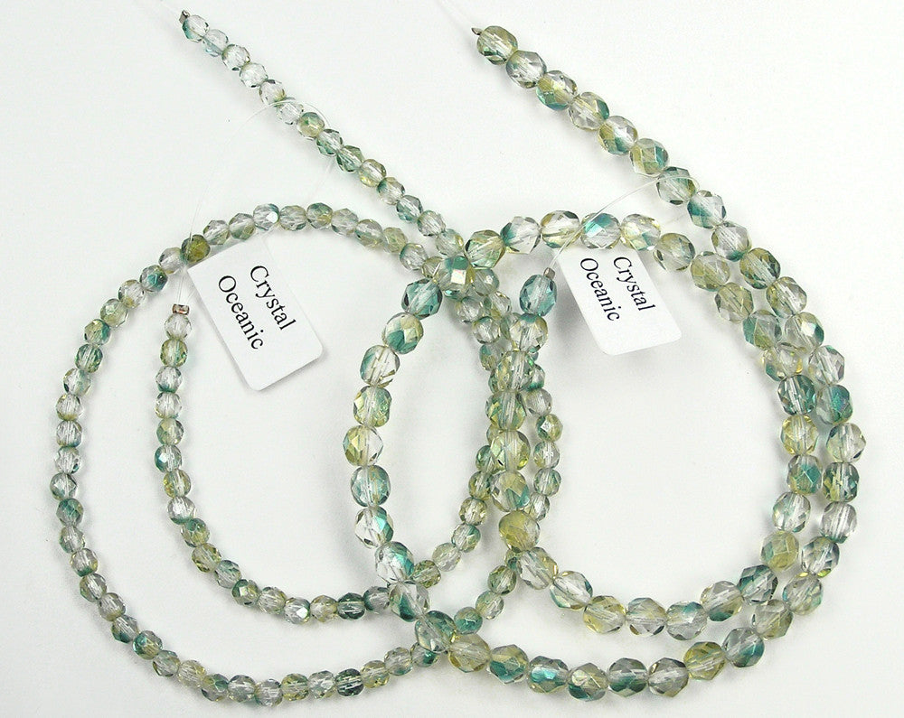 Crystal Oceanic Luster coated, Czech Fire Polished Round Faceted Glass Beads, clear-green-yellow