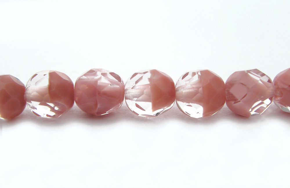 Crystal Pink Givre, 2-tone combination, Czech Fire Polished Round Faceted Glass Beads, 7 inch strands