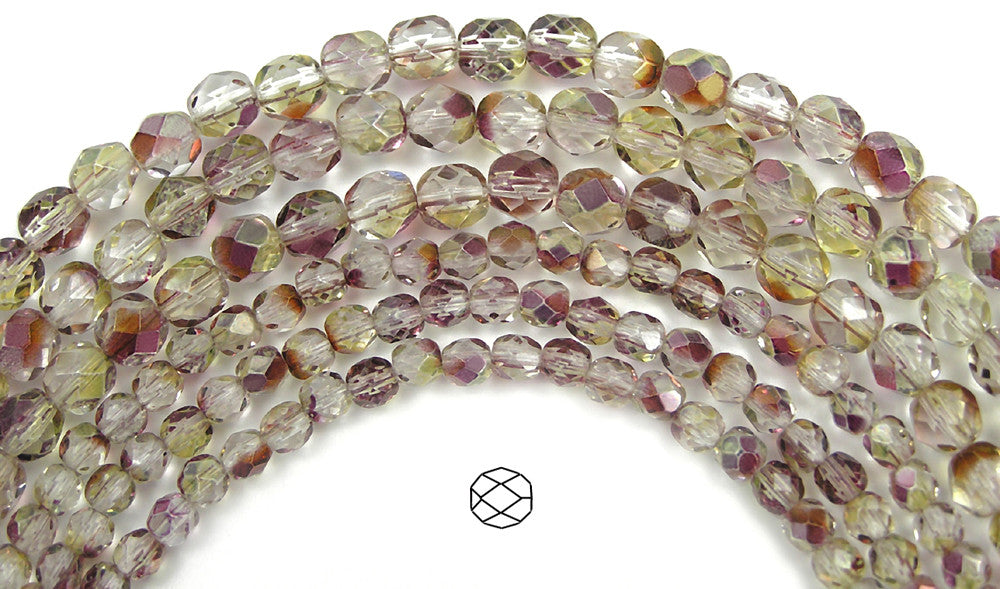 Crystal Rosehip Luster coated, loose Czech Fire Polished Round Faceted Glass Beads