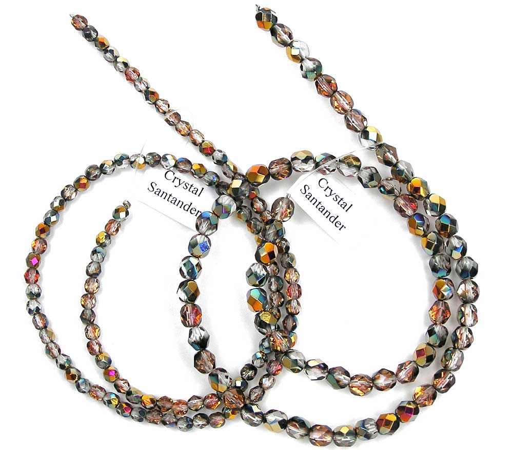 Crystal Santander Multi coated, Czech Fire Polished Round Faceted Glass Beads, 16 inch strands or loose