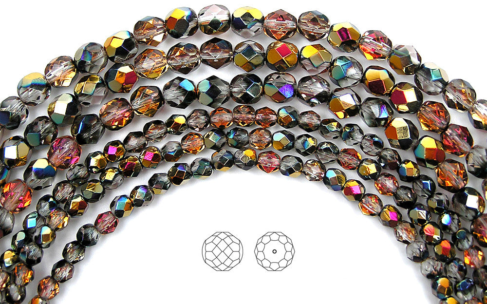 Crystal Santander coated, loose Czech Fire Polished Round Faceted Glass Beads