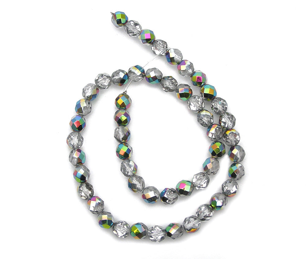 Crystal Vitrail (Vitrail Medium) coated, loose Czech Fire Polished Round Faceted Glass Beads, clear half coated with vitrail green metallic