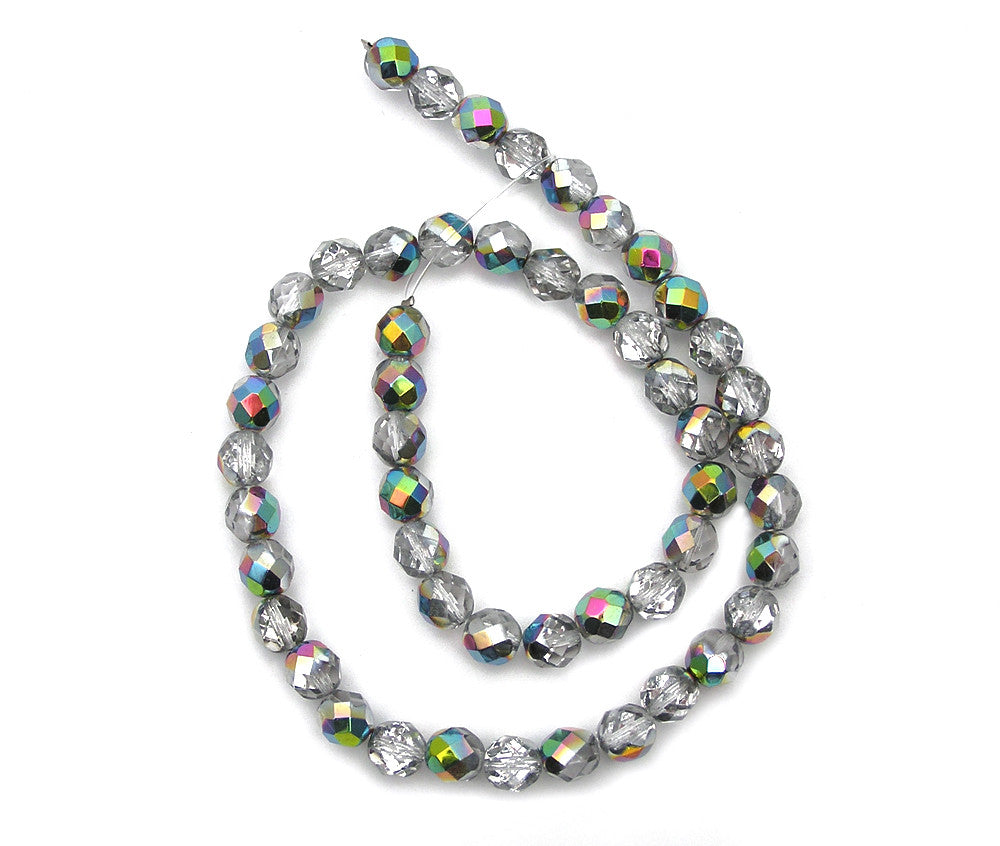 Crystal Vitrail (Medium), Czech Fire Polished Round Faceted Glass Beads, 16 inch strand