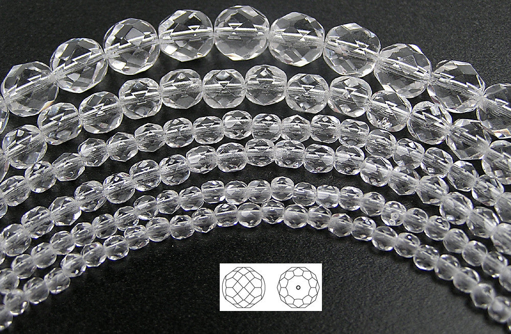 Clear Crystal, loose Czech Fire Polished Round Faceted Glass Beads