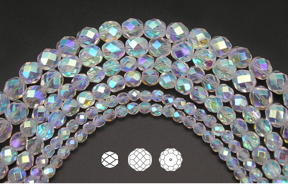 Crystal AB2X fully coated, loose Czech Fire Polished Round Faceted Glass Beads