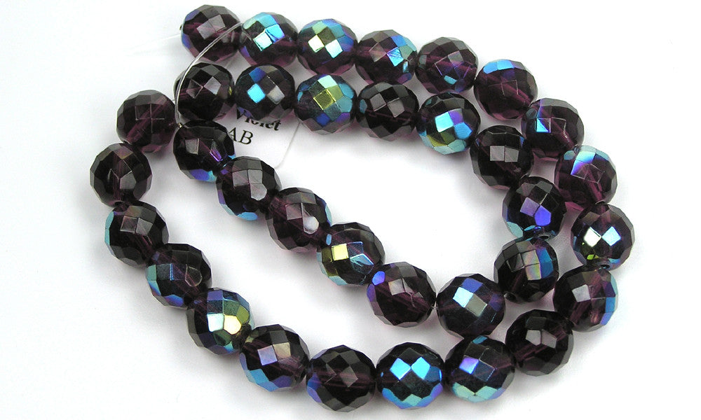 Deep Violet AB coated, Czech Fire Polished Round Faceted Glass Beads, 16 inch strand, 12mm