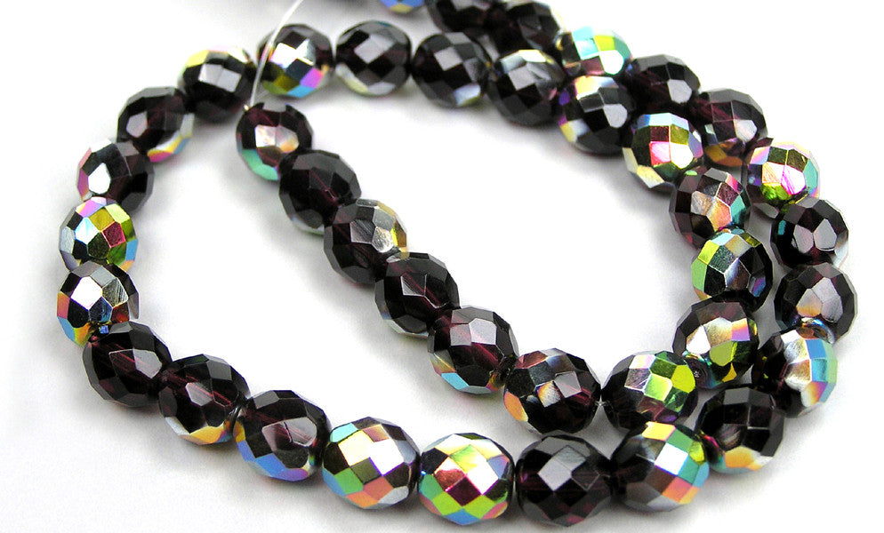 Deep Violet Vitrail coated, Czech Fire Polished Round Faceted Glass Beads, 16 inch strand