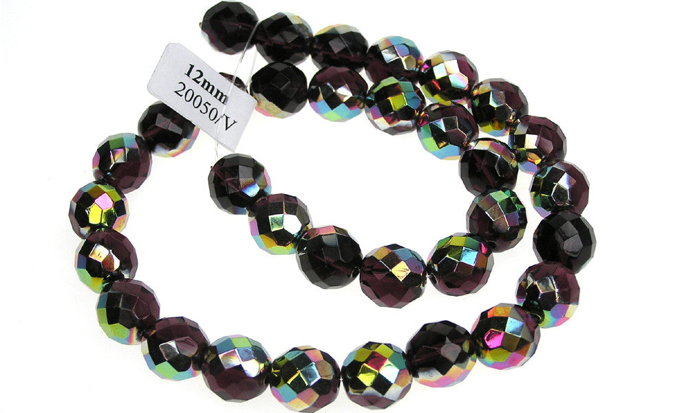 Deep Violet Vitrail coated, Czech Fire Polished Round Faceted Glass Beads, 16 inch strand