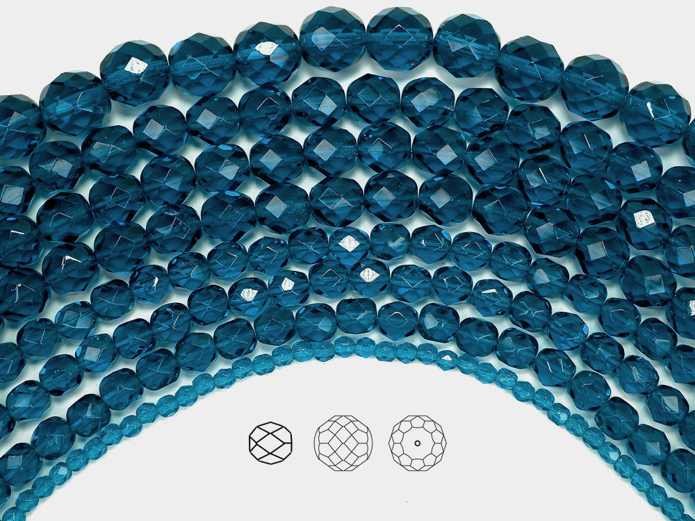 Dark Aqua, Czech Fire Polished Round Faceted Glass Beads, 16 inch strand