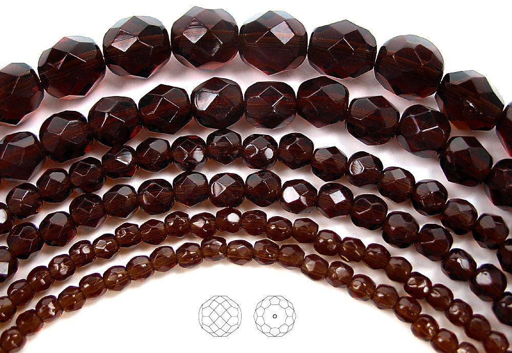 Dark Topaz, Czech Fire Polished Round Faceted Glass Beads, 16 inch strand