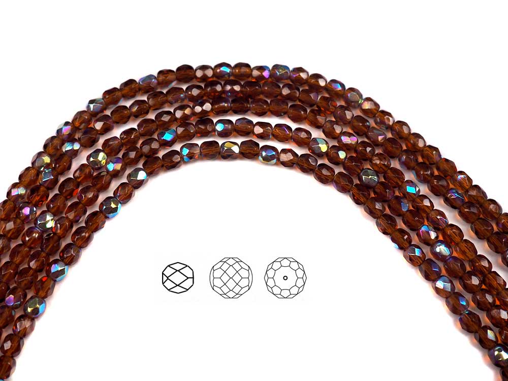 Dark Topaz AB coated, Czech Fire Polished Round Faceted Glass Beads, 16 inch strand, 3mm, 4mm, 6mm