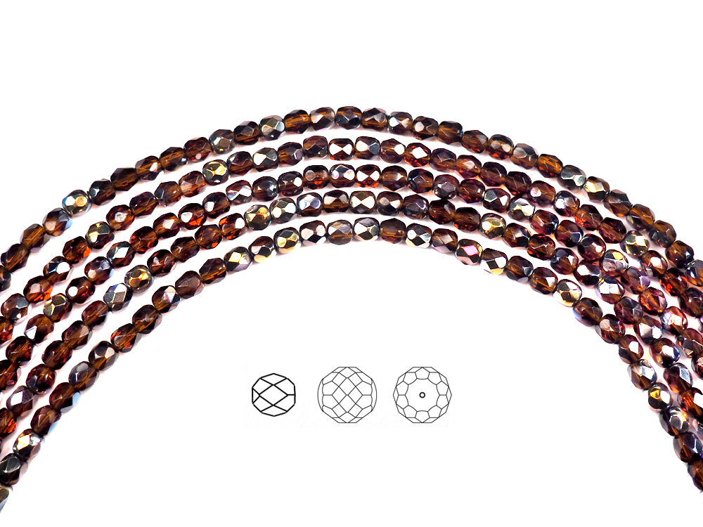 Dark Topaz Santander coated, Czech Fire Polished Round Faceted Glass Beads, 16 inch strand