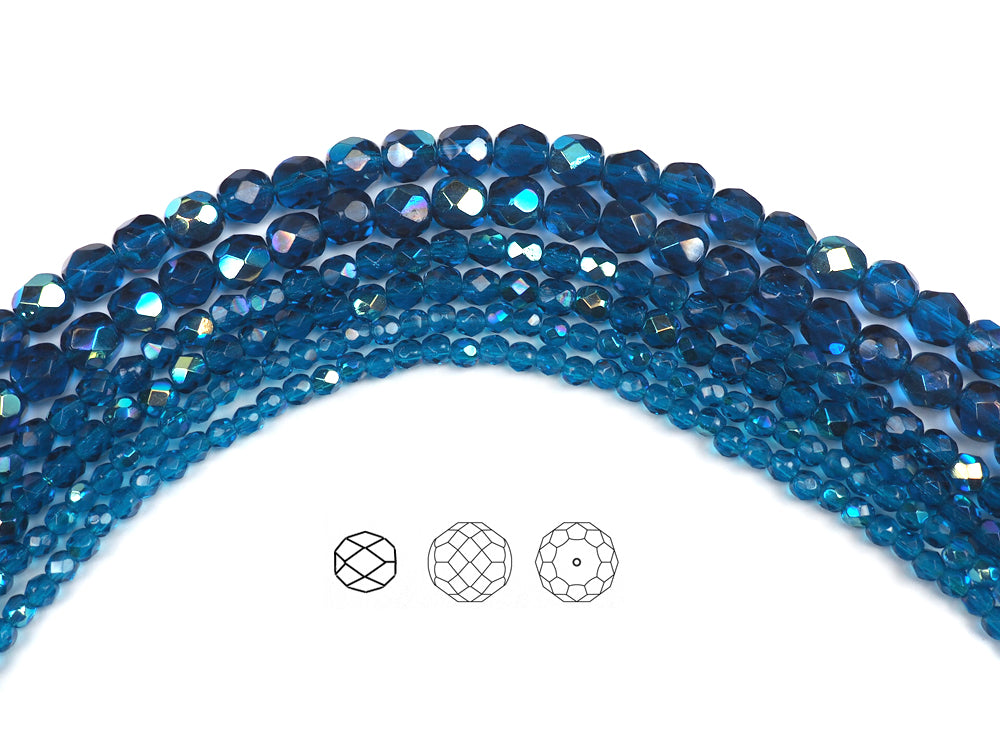 Dark Aqua AB coated, Czech Fire Polished Round Faceted Glass Beads, 16 inch strand, dark blue coated with Aurora Borealis