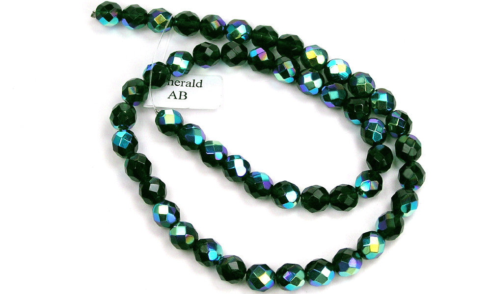 Emerald AB coated, Czech Fire Polished Round Faceted Glass Beads, 16 inch strand