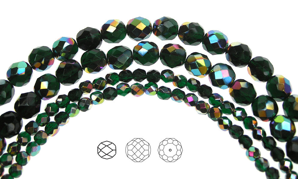 Emerald Vitrail coated, loose Czech Fire Polished Round Faceted Glass Beads