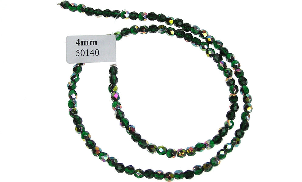 Emerald Vitrail coated, Czech Fire Polished Round Faceted Glass Beads, 16 inch strand