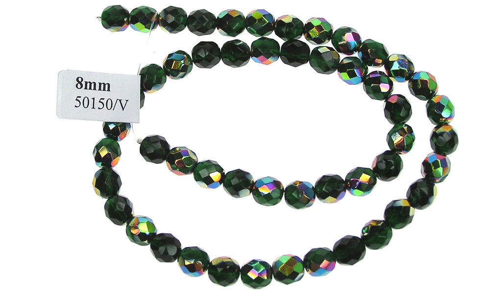 Emerald Vitrail coated, Czech Fire Polished Round Faceted Glass Beads, 16 inch strand