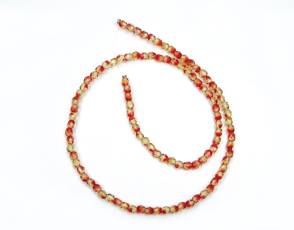 FireOpal 2-tone, Czech Fire Polished Round Faceted Glass Beads, 16 inch strand, Fire Opal yellow citrine and red siam combination