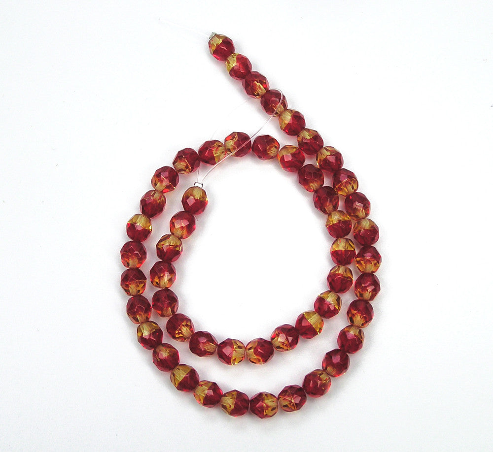 FireOpal 2-tone, Czech Fire Polished Round Faceted Glass Beads, 16 inch strand, Fire Opal yellow citrine and red siam combination