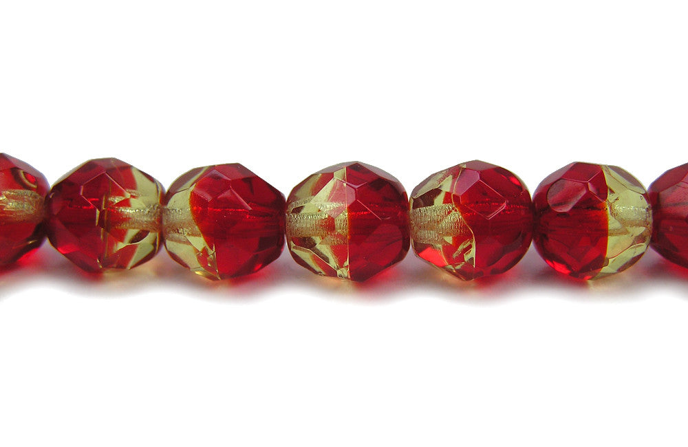 FireOpal 2-tone, Czech Fire Polished Round Faceted Glass Beads, 16 inch strand, Fire Opal yellow citrine and red siam combination