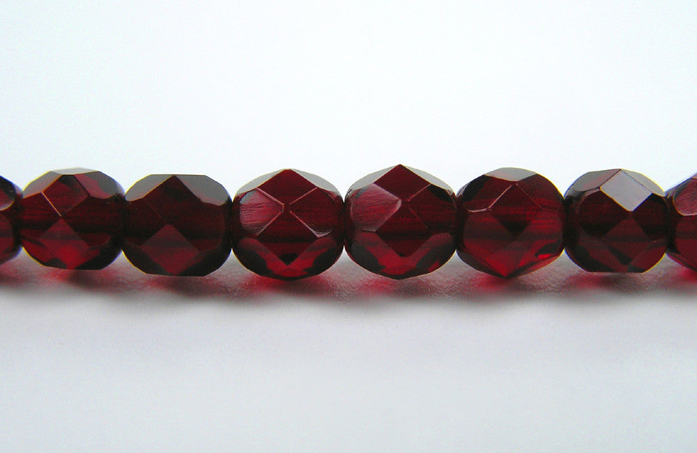 Garnet, Czech Fire Polished Round Faceted Glass Beads, 16 inch strand, deep red