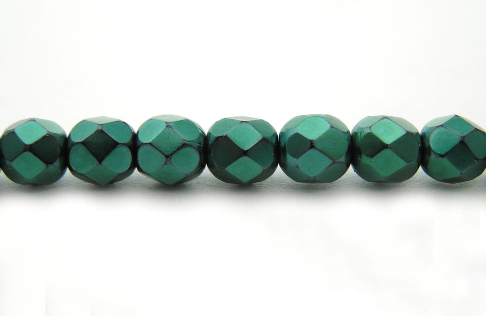 Green Carmen Metallic Pearl, Czech Fire Polished Round Faceted Glass Beads, Faceted Pearls
