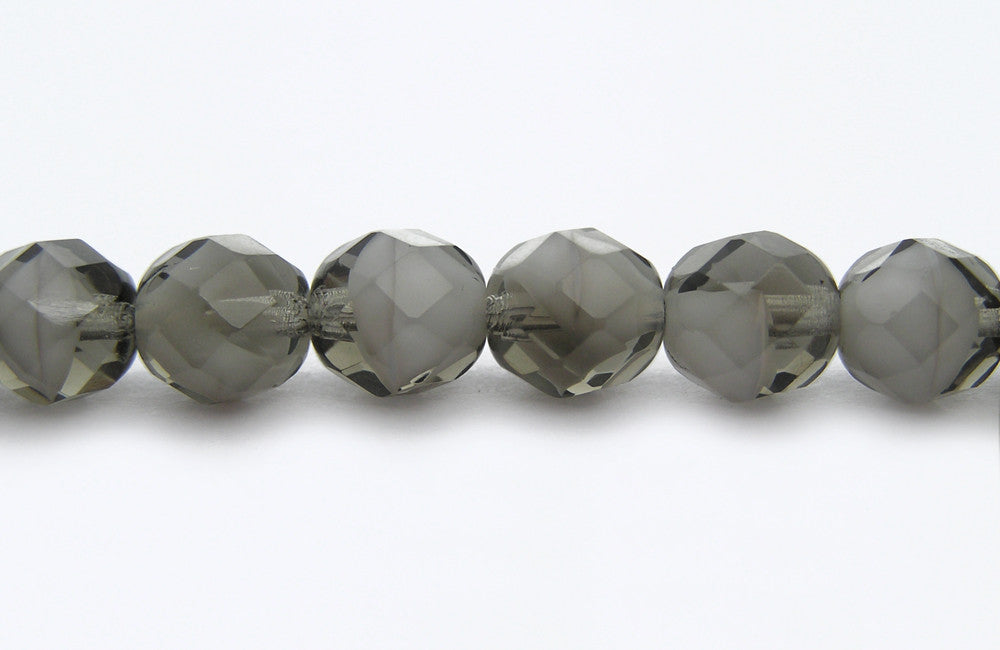 Grey White Givre, 2-tone combination, Czech Fire Polished Round Faceted Glass Beads, 7 inch strands