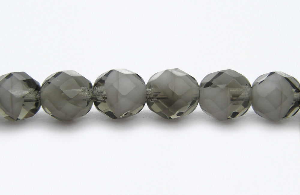 Grey White Givre, 2-tone combination, Czech Fire Polished Round Faceted Glass Beads, 7 inch strands