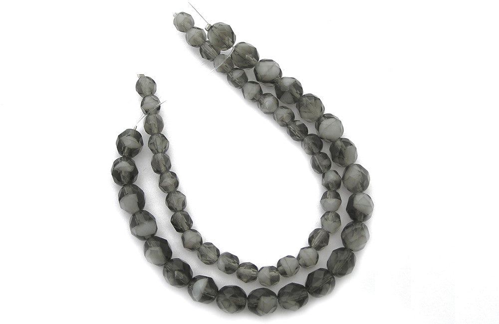 Grey White Givre, 2-tone combination, Czech Fire Polished Round Faceted Glass Beads, 7 inch strands
