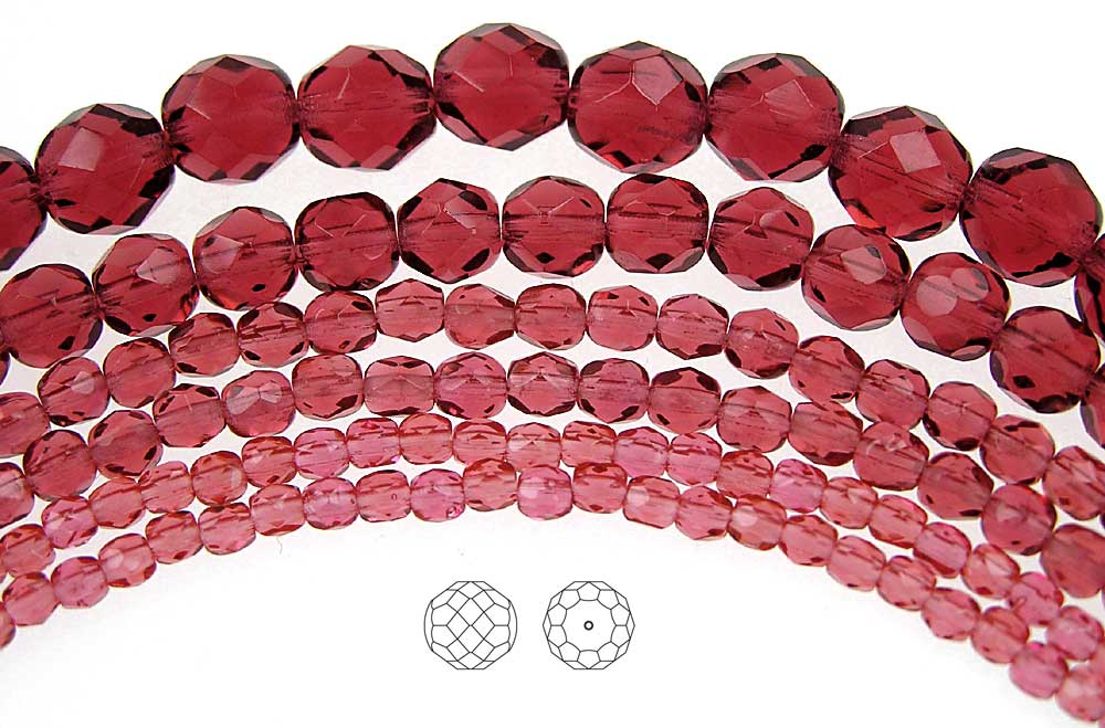 Hot Pink, Czech Fire Polished Round Faceted Glass Beads, 16 inch strand