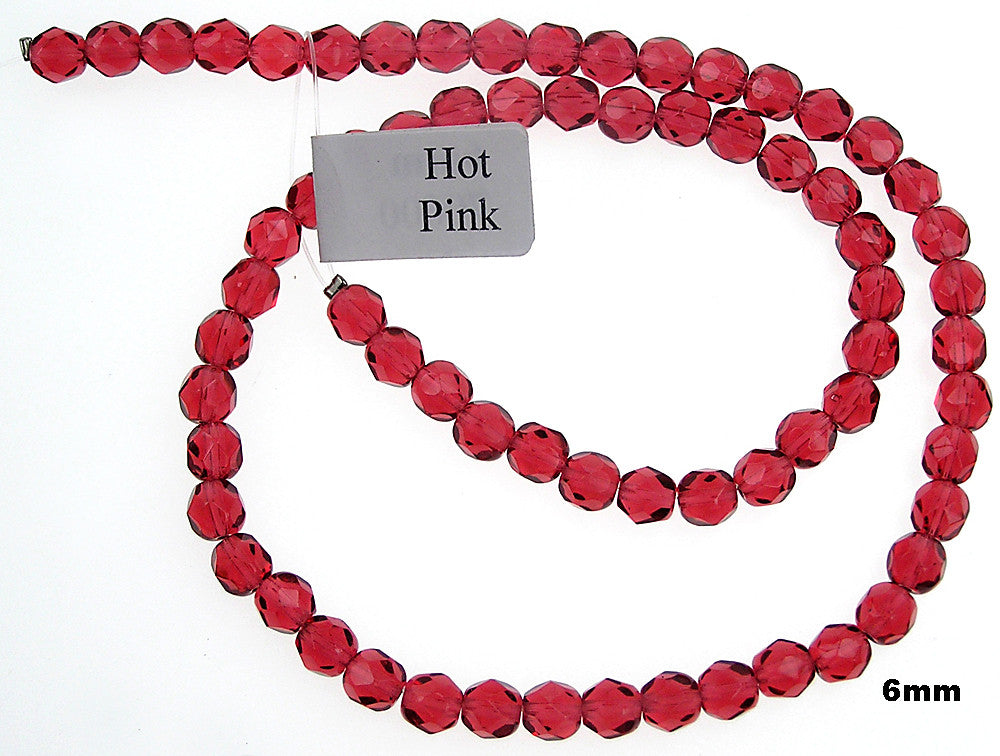 Hot Pink, Czech Fire Polished Round Faceted Glass Beads, 16 inch strand