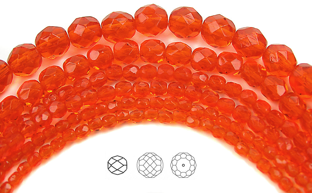 Hyacinth, Czech Fire Polished Round Faceted Glass Beads, 16 inch strand, orange