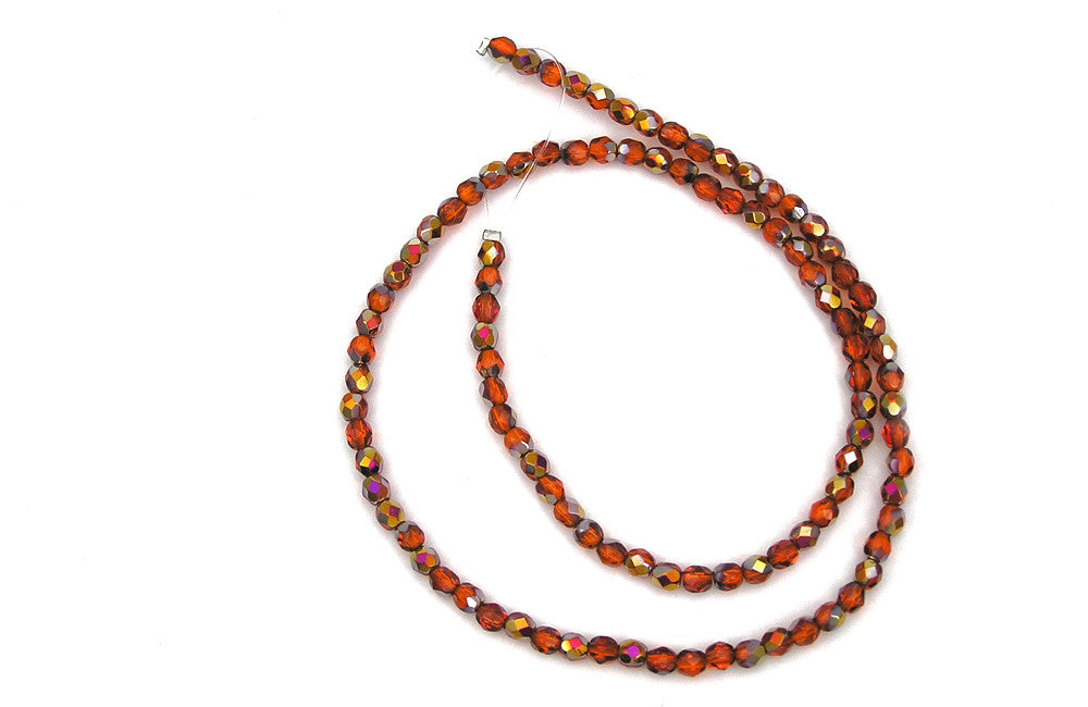 Indian Red Sun Santander coated Czech Fire Polished Round Faceted Glass Beads 16 inch strand 3mm
