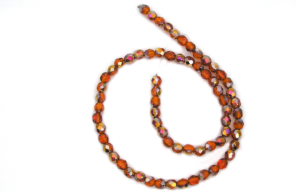 Indian Red Santander coated, Czech Fire Polished Round Faceted Glass Beads, 16 inch strand