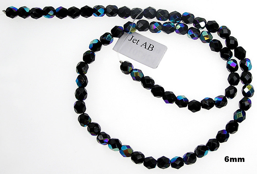 Jet AB, Czech Fire Polished Round Faceted Glass Beads, 16 inch strand, black Aurora Boreale