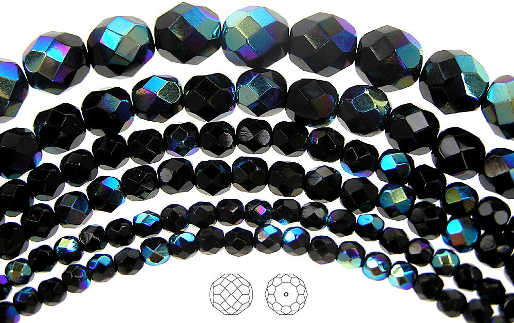 Jet AB coated, loose Czech Fire Polished Round Faceted Glass Beads
