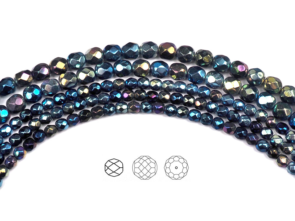 Jet Blue Star Iris (Rainbow Iris), Czech Fire Polished Round Faceted Glass Beads, 16 inch strand