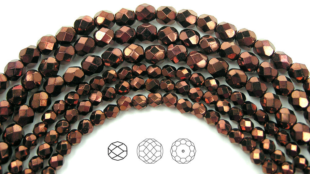 Jet Bronze coated, loose Czech Fire Polished Round Faceted Glass Beads