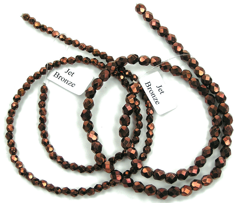 Jet Bronze fully coated, Czech Fire Polished Round Faceted Glass Beads, 16 inch strand