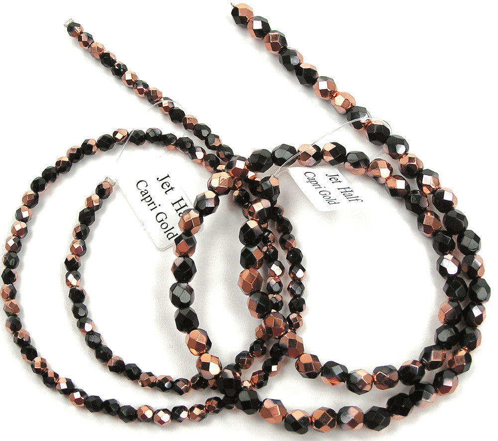 Jet Capri Gold Half, Czech Fire Polished Round Faceted Glass Beads, 16 inch strand