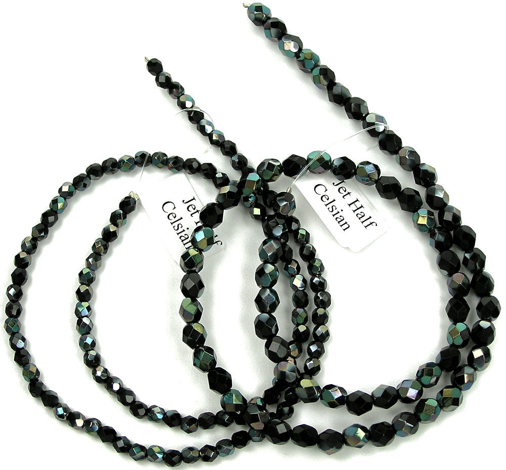 Jet Celsian Half, Czech Fire Polished Round Faceted Glass Beads, 16 inch strand